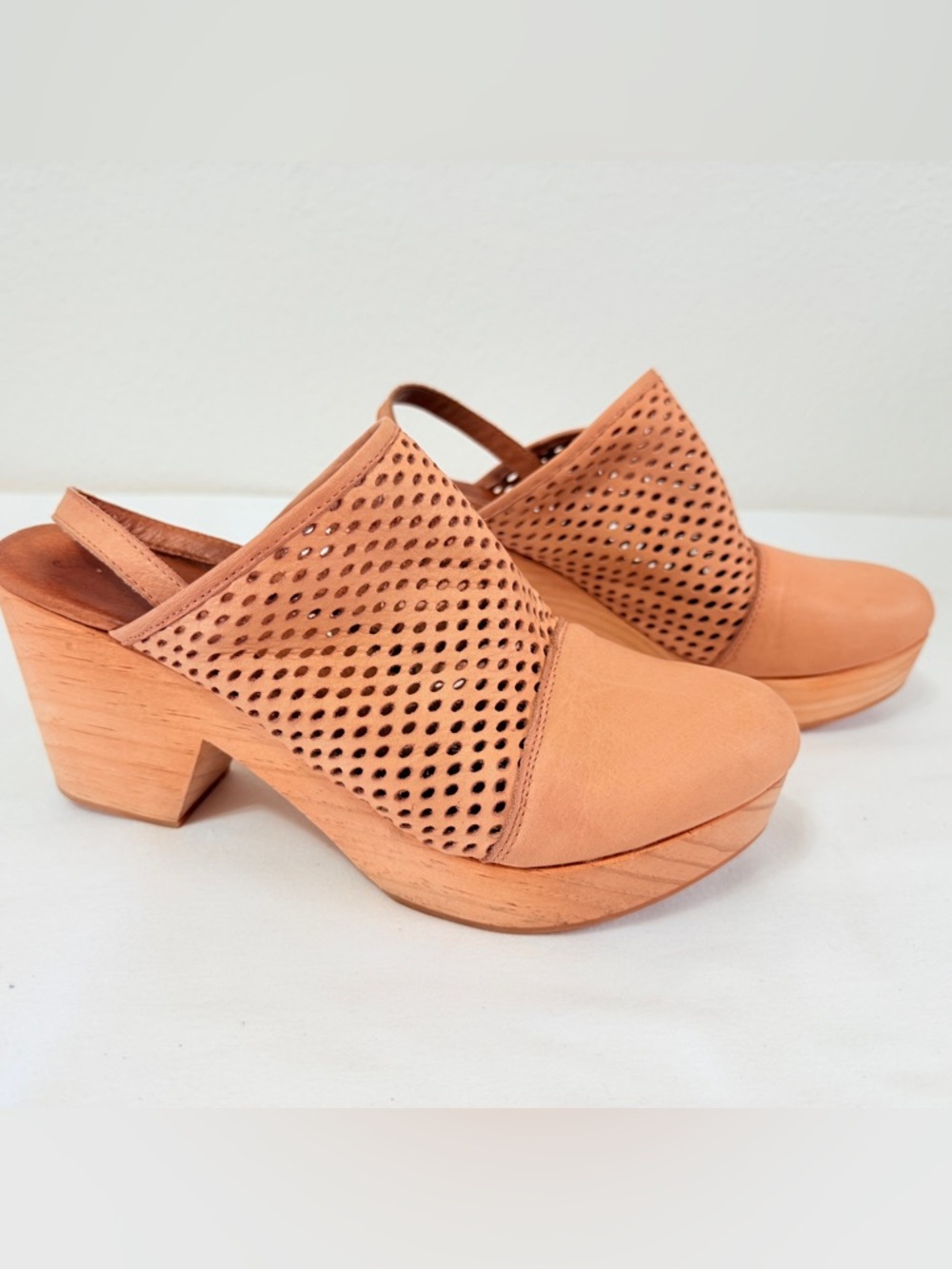 Free People Perforated Leather Slingback Platform Clogs Nude Blush Wood Heel